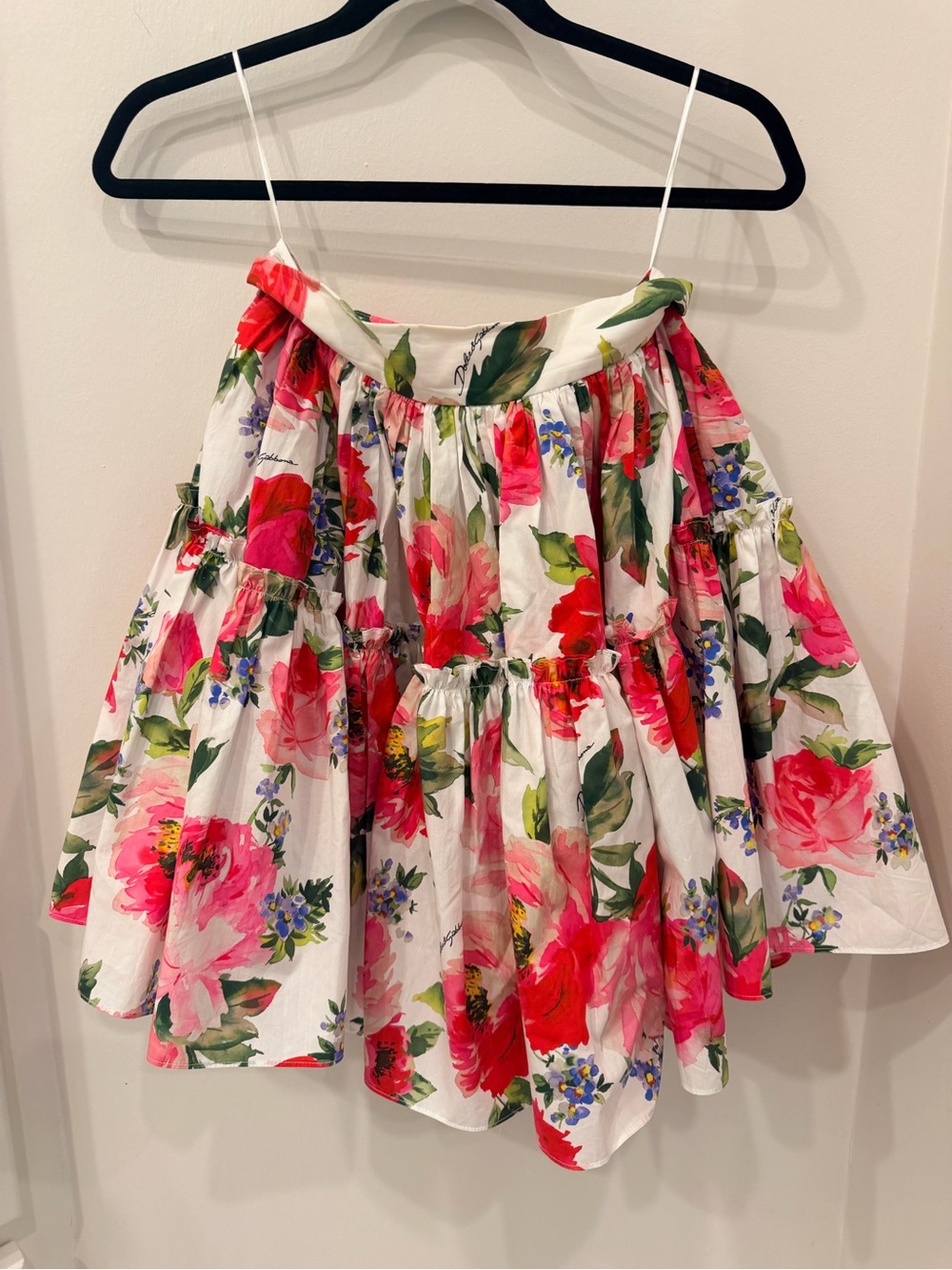 Dolce & Gabbana White Floral Tiered Skirt with Pink & Red Blooms